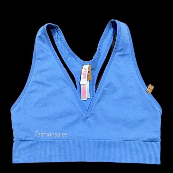Victorias Secret Pink Active Seamless V Neck Unlined Gym sports Bra Blue Large - Picture 1 of 6